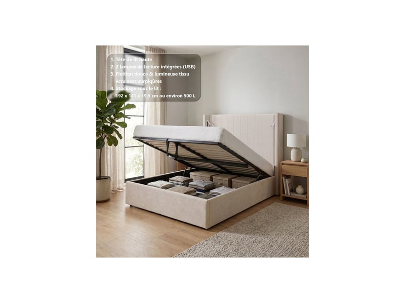  Lit coffre rembourre stan 3 140x190 cm tete de lit haute avec oreilles ecru KTSTAN3WH140 - Conforama A
