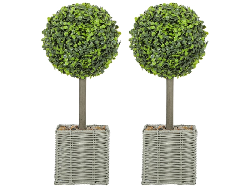  Lot de 2 plantes artificielles décoratives, boules de buis artificiel 50 cm avec pot en plastique tressé et galets, vert  - Conforama A