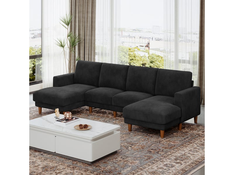 Grand canapé d'angle panoramique - 4 places - méridienne 109cm - en velours côtelé - 269x140x86 - noir 269x140x86cm - Conforama B