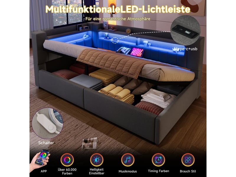  Lit banquette gris 90x200 cm avec coffre hydraulique, led, usbtype-c, lin, minimaliste  - Conforama B