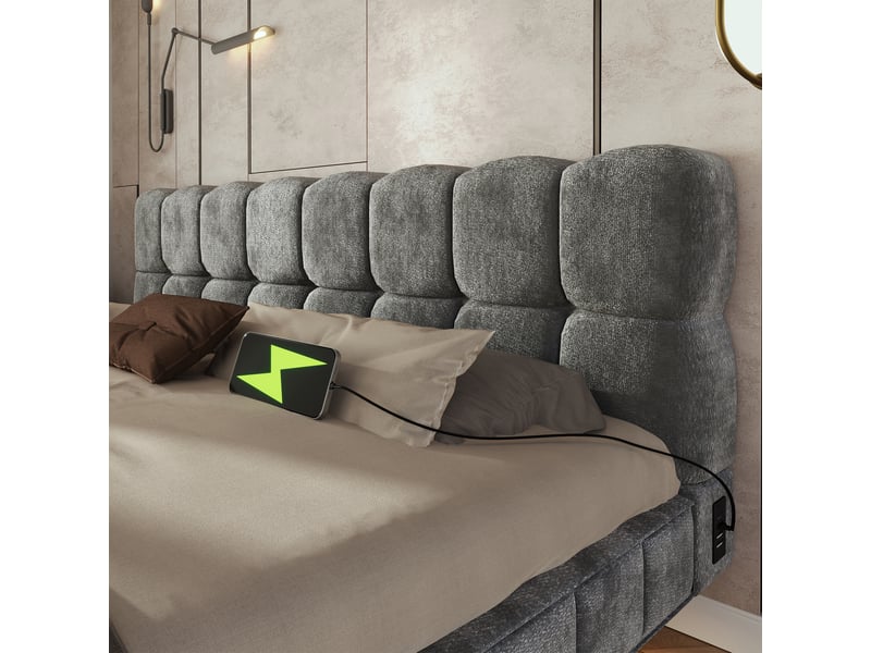  Lit pour adulte rembourré, rangement hydraulique, éclairage led, ports de recharge (usb et type-c), tissu chenille, gris - 180 x 200 cm  - Conforama W