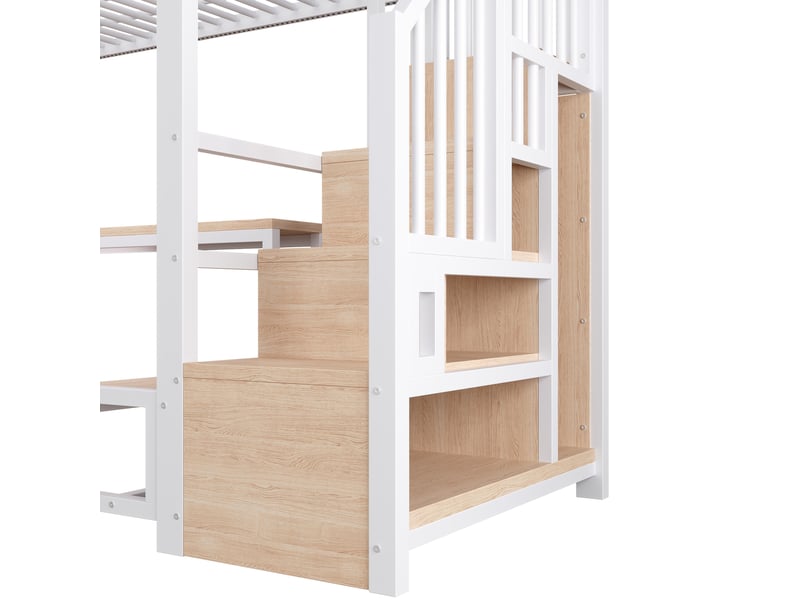  Lit mezzanine 90×200 cm avec bureau, led, usb, type-c et rangements en métal et mdf blanc sans matelas  - Conforama D