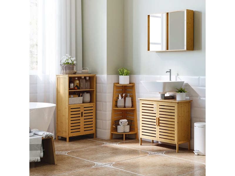  Meuble sous lavabo salle de bain en bambou meuble sous vasque 2 portes 66 x 29 x 61,5 cm  - Conforama C