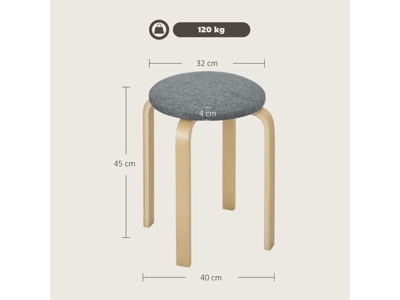Lot de 4 tabourets de salle à manger empilables avec assise ronde rembourrée, en tissu gris et bois - Conforama C