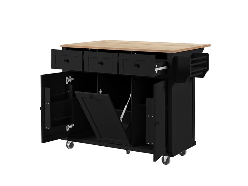 Îlot De Cuisine Mobile Avec Roulettes - Table Extensible, Rangement Poubelle, Porte-serviettes, Prises Intégrées, Noir - 3
