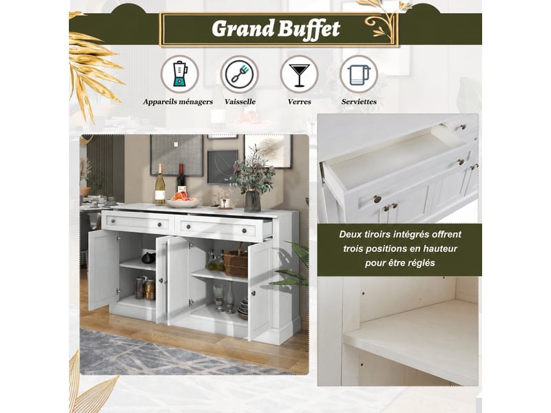  Meuble de cuisine muvano, buffet 4 portes et 2 tiroirs, blanc cassé, 150 × 40 × 86 cm  - Conforama D