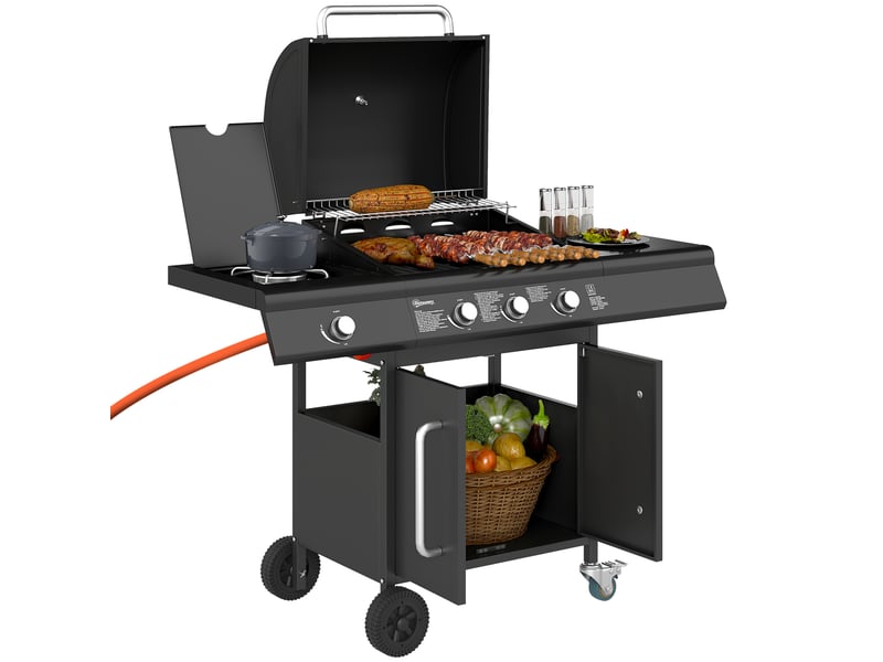  Barbecue à gaz mobile avec espace de rangement, tablette latérale, brûleur latéral, grille de maintien au chaud, thermomètre, acier inoxydable, noir  - Conforama A