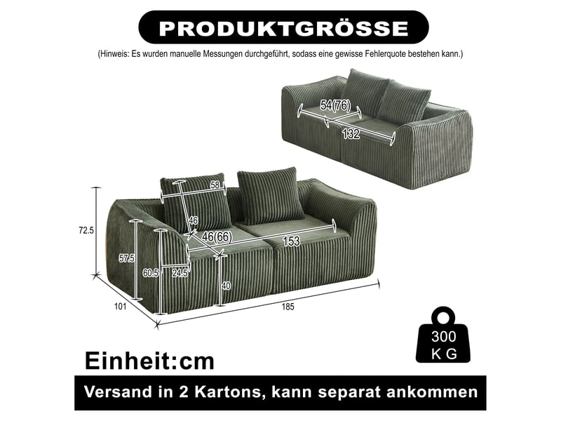 Canapé droit modulaire en velours côtelé vert, canapé 2 places, lignes courbes, avec 2 coussins, sans montage - Conforama C