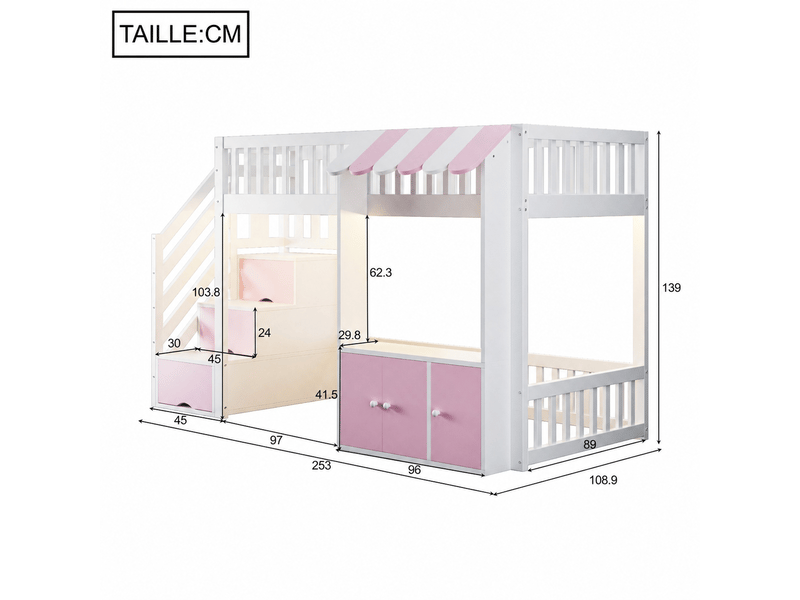 Lit mezzanine en bois, lit simple avec escalier à 3 rangements et éclairage multicolore, 200 x 90 cm, sans matelas - Conforama D