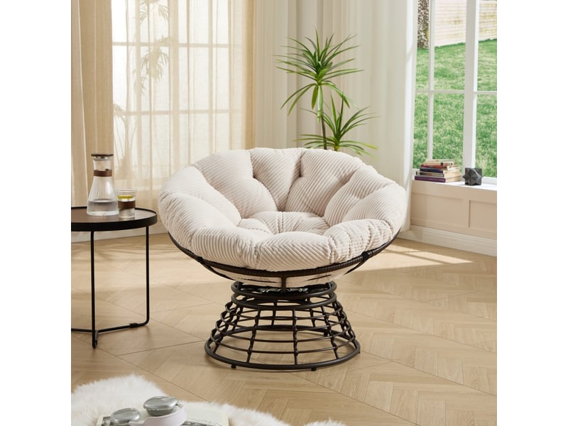 Fauteuil papasan pivotant à 360° en résine tressée - 92x92x67cm - coussin épais velours côtelé confortable - marron et blanc  - Conforama B