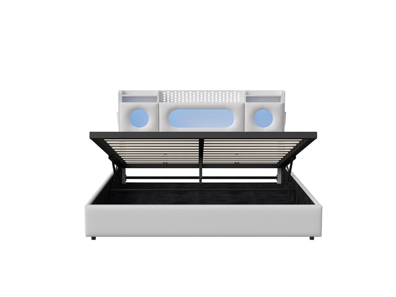  Lit 160x200cm - lit coffre 160x200cm - sommier relevable, tête de lit à rangement, led rgb, ports usbtype-c et prise eu - blanc  - Conforama E