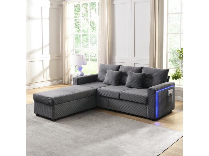  Canapé 3 places avec pouf gris antique - canapé d'angle modulable en velours côtelé avec led  - Conforama B