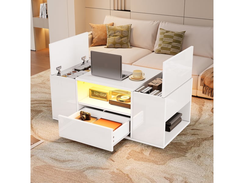  Table basse blanche brillante avec éclairage led, table de salon 100x50x40 cm avec tiroir et compartiments  - Conforama E