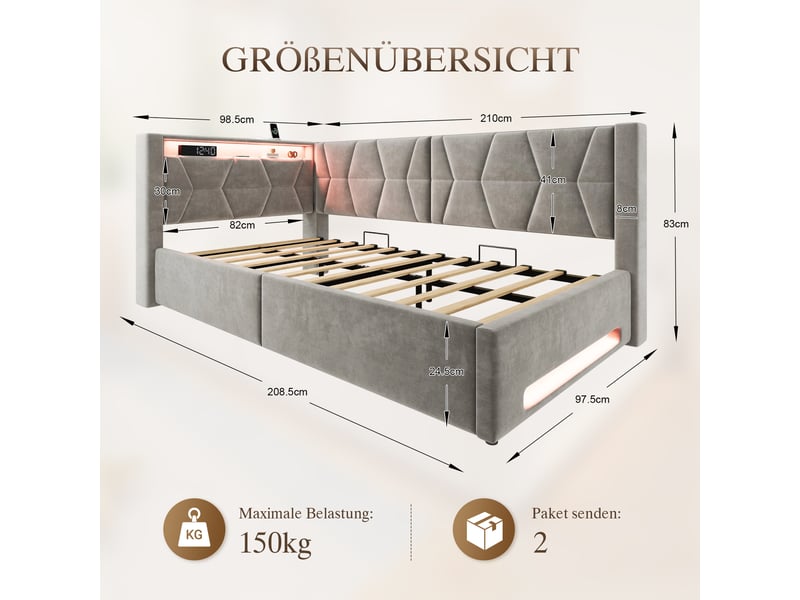  Lit coffre 90x200 cm, lit enfant, sommier à lattes, rangement hydraulique, led, usb et usb-c, velours gris foncé  - Conforama C