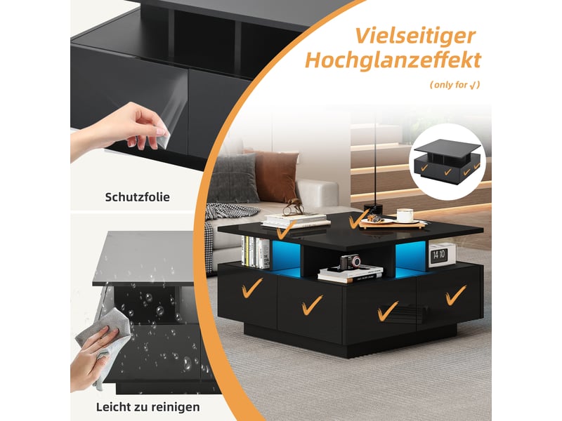 Table basse noire contemporaine avec led, forme géométrique et 4 tiroirs - design moderne - Conforama E