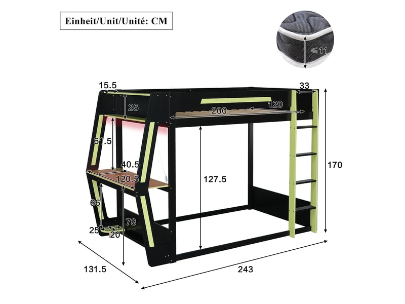 Lit mezzanine gaming 120 x 200 cm avec bureau, support pc, rangements et éclairage led, noir et vert evarich - Conforama C