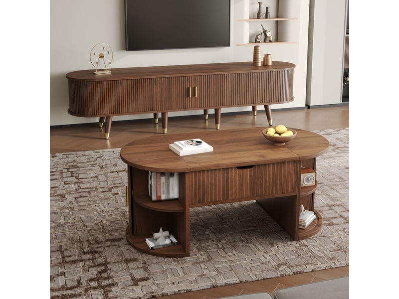  Table basse avec rangement et ensemble 2 pièces portes coulissantes façade à rainures verticales pieds en bois poignées dorées  - Conforama E