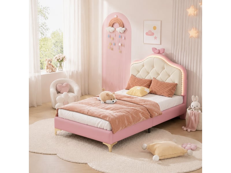  Lit enfant 90x200 cm avec led multicolores, revêtement pu rose et blanc  - Conforama C