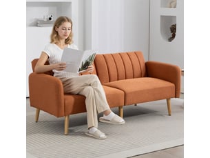 Canapé convertible 2 places design scandinave dossier inclinable 3 positions pieds bois tissu aspect lin marron
