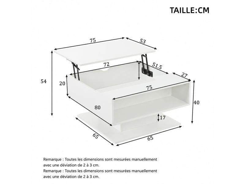  Table basse relevable led avec rangement, plateau 40 à 54 cm, 80 x 75 cm, blanc brillant  - Conforama D