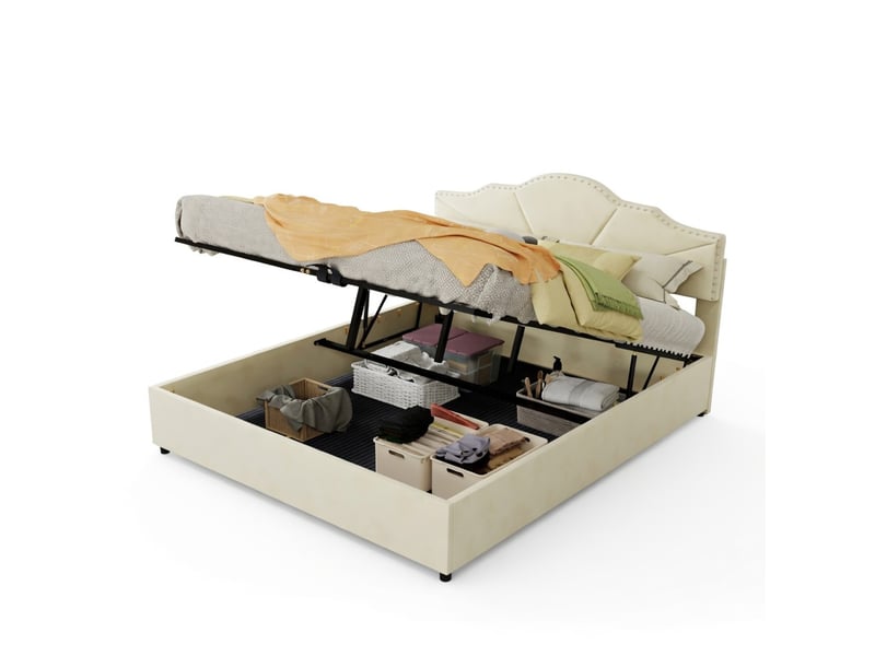  Lit coffre haut avec tête de lit rembourrée beige 160x200cm inclut matelas 160x200cm vérin pneumatique design moderne  - Conforama A