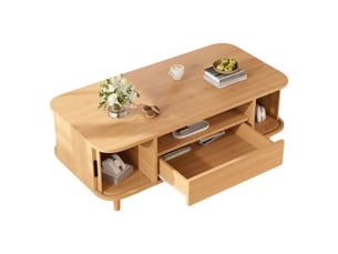 Table basse en bois, 1 tiroir et 2 portes à rideaux, rangement ouvert, pieds en bois, mdf, charge 30kg, table d’appoint, table de canapé, table à café