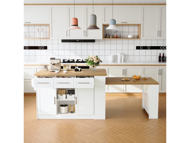  Îlot de cuisine avec 3 tiroirs muvano, table extensible, blanc et aspect bois, 120 × 60 × 90 cm  - Conforama B