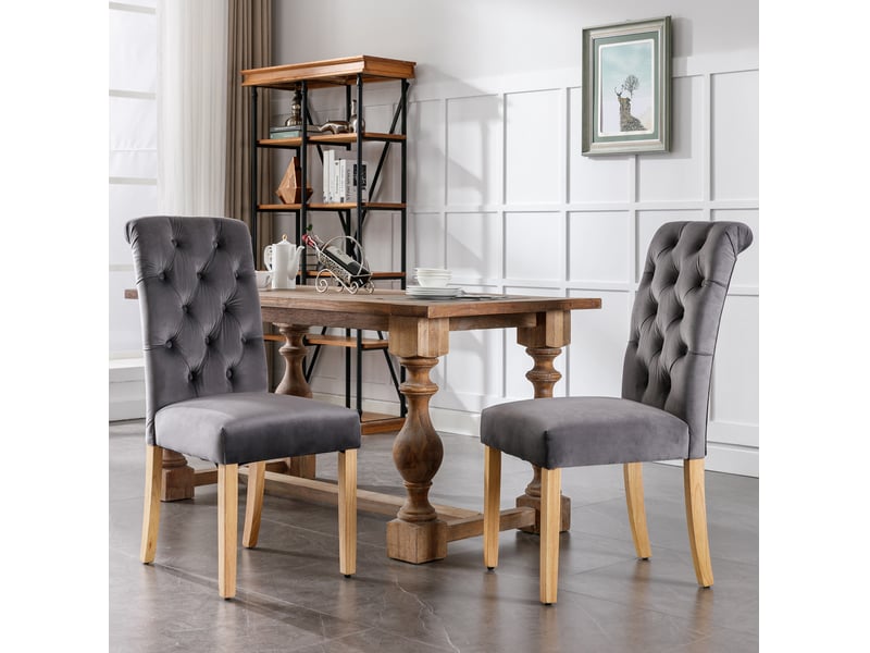  Chaise de salle à manger lot de 6 avec dossier capitonné et ressorts en s, pieds en chêne, velours gris  - Conforama D