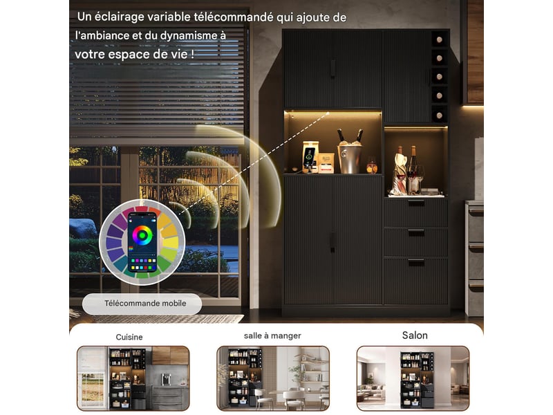  Buffet de cuisine avec range-bouteilles et led mdf noir 105x40x180 cm - pangivo  - Conforama D