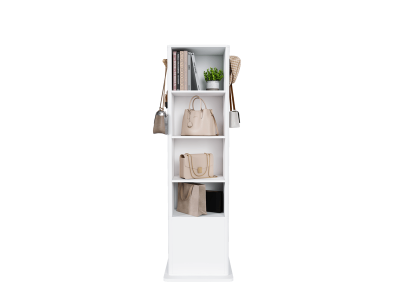  Armoire à bijoux pivotante 360 degrés avec miroir sur pied, rangement, étagères et 6 crochets, blanche  - Conforama A