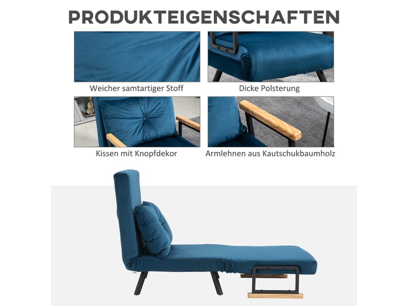  Fauteuil-lit bleu en velours, dossier réglable 5 positions, fauteuil convertible avec coussin pour petit espace  - Conforama E