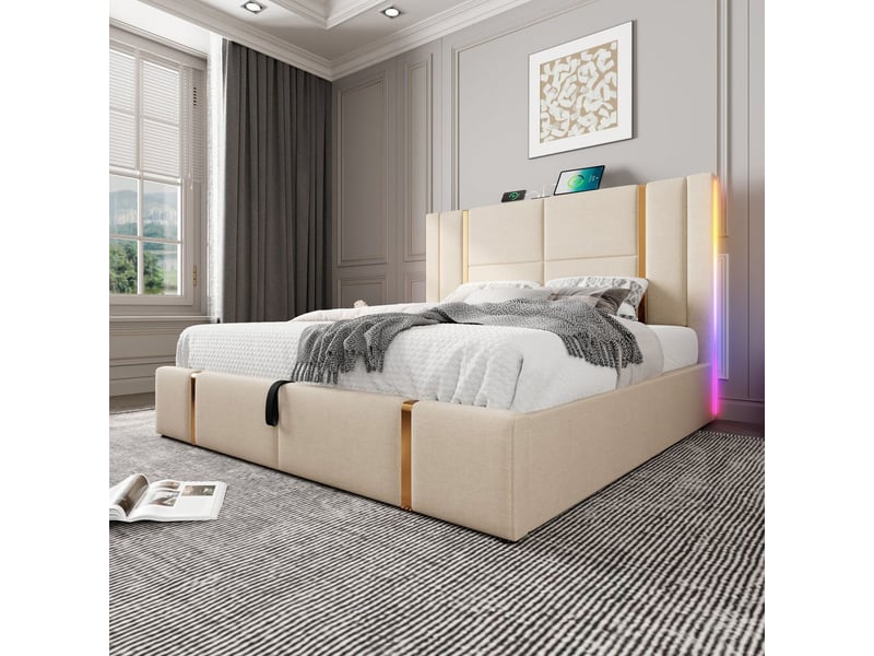  Lit coffre 160x200 avec matelas ressorts led app et port usbtype-c - lit rembourré - tissu lin beige sommier inclus design élégant  - Conforama B