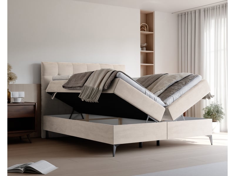 Lit coffre bailey - 200x200 cm - avec matelas et surmatelas - velours dense - crème BAILEY - Conforama C