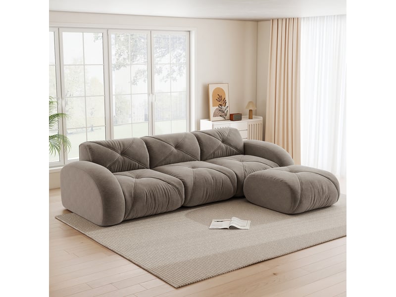 Canapé modulaire 3 places ulevr avec pouf, sans montage, tissu chenille taupe, 281 x 171 x 76 cm, dessous antidérapant - Conforama E