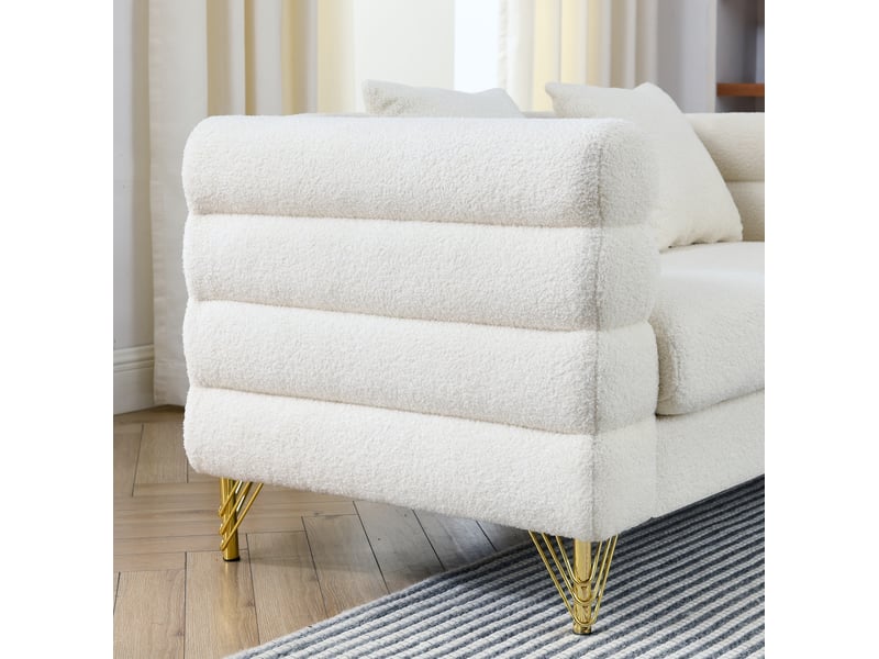  Canapé 5 places 3+2 blanc en tissu bouclette, pieds en métal doré et coussins décoratifs assortis  - Conforama D