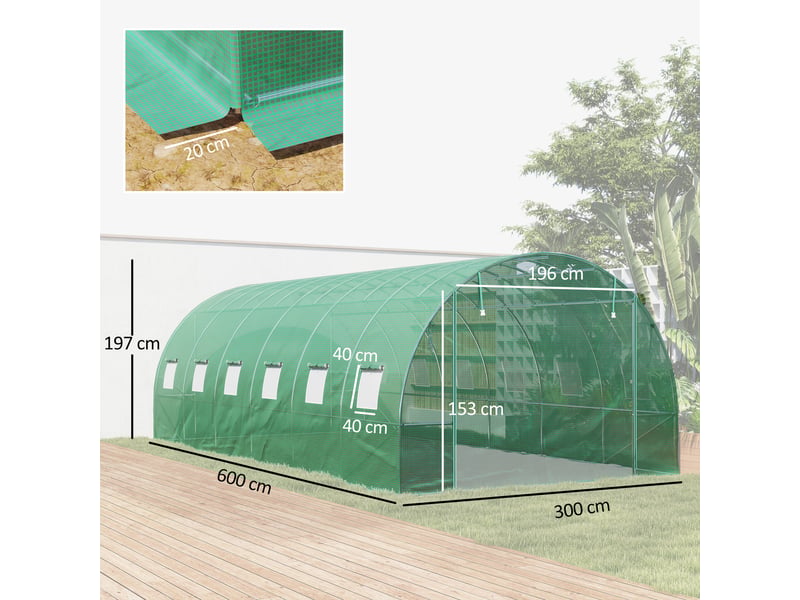  Serre tunnel en polyéthylène avec couverture plastique et structure en acier, tente de serre accessible à pied avec portes enroulables, verte  - Conforama E