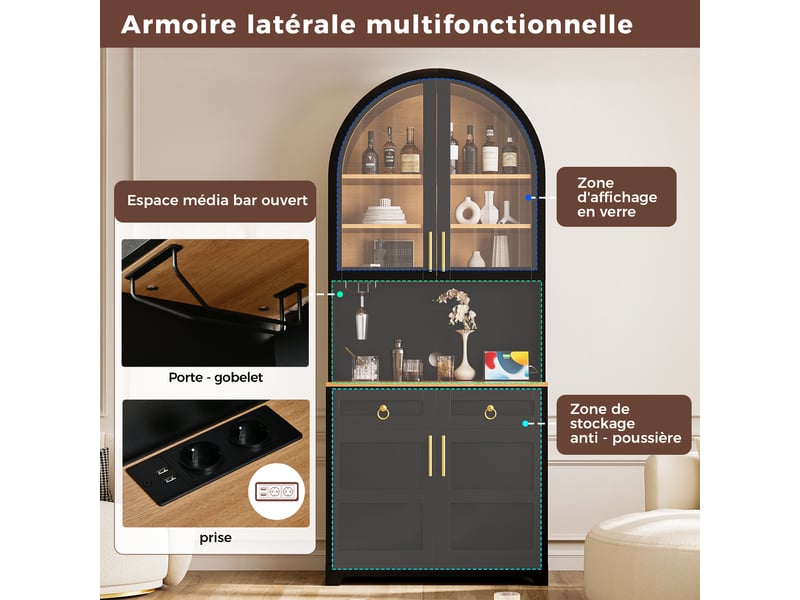  Buffet haut vitrine noir 80x40x180 cm avec led réglable par appli, prises et ports usb, 2 portes vitrées, 2 tiroirs et niche ouverte en arche  - Conforama E