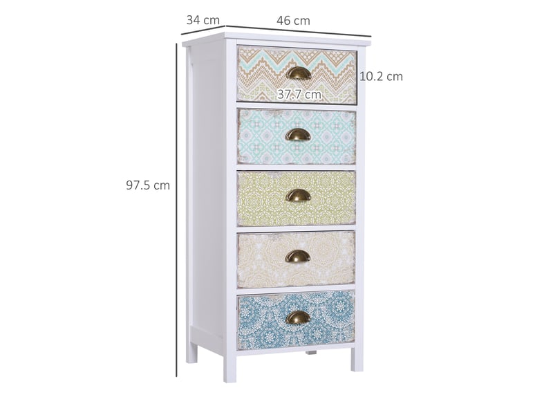  Commode vintage à 5 tiroirs, style shabby chic, pour salle de bain, entrée ou chambre, 46 × 34 × 97,5 cm, blanche  - Conforama E