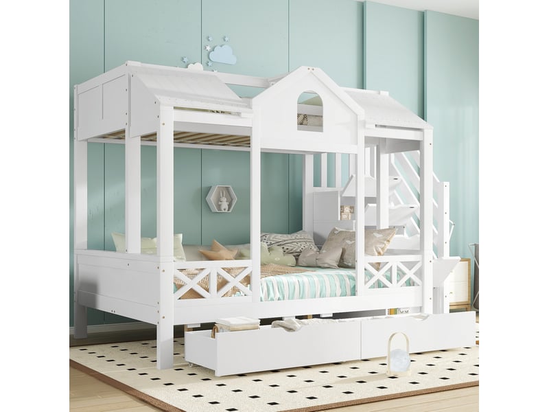  Modenvie lit superposé enfant 90x200 cm et 140x200 cm - avec rangement et escalier 4 niches - blanc  - Conforama E