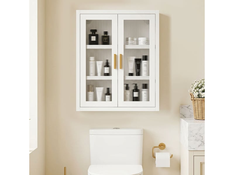  Armoire murale de salle de bain, meuble haut salle de bains avec 2 portes cannelées, étagère réglable, 40x14x50cm, blanc  - Conforama C
