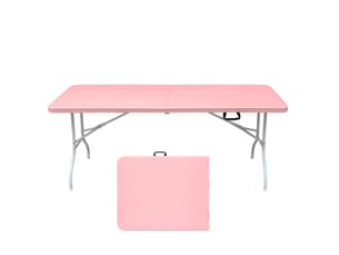 Table de jardin pliante rose 180 cm avec poignée, plateau en plastique et structure en acier pour vos réceptions