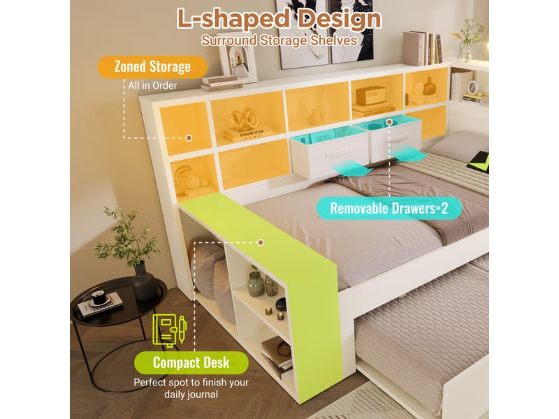 Lit gigogne en bois 90x20090x190 cm, lit enfant avec rangements sur 3 côtés, usb, type-c et sommier à lattes, blanc - Conforama E