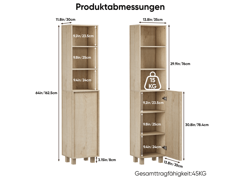 Armoire de salle de bain haute avec étagères ouvertes et rangements fermés, finition chêne, 35 × 30 × 162,5 cm  - Conforama C