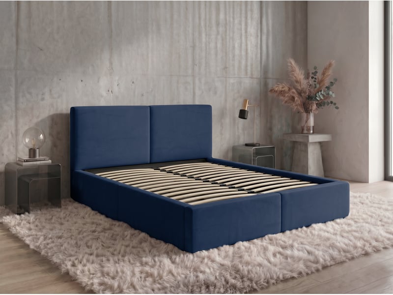 Lit coffre rembourré 120x200 2 places avec sommier relevable gratuit inclus et tête de lit - lit adulte avec rangement – bleu Hilton Interbeds - Conforama E