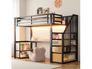 Lit mezzanine enfant 90x200 cm – noir – bureau, étagères, escalier de rangement, led - sans matelas