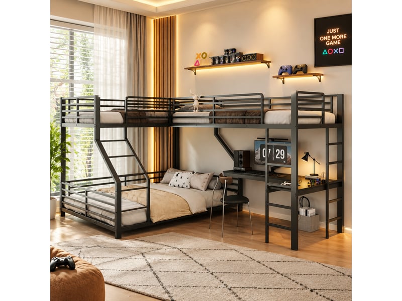  Lit superposé triple 90x200 cm bureau intégré usb et usb-c échelle intégrée prises intégrées garde-corps noir OPULERANE TRADING LTD - Conforama C