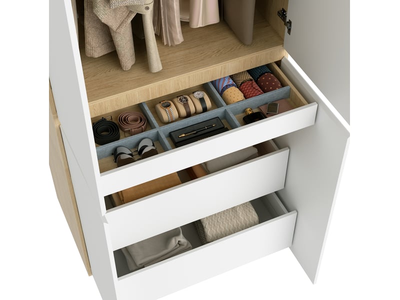 Armoire 6 portes blanche et bois clair, 2 penderies, 5 tiroirs, 180 x 50 x 200 cm pour votre rangement - Conforama D