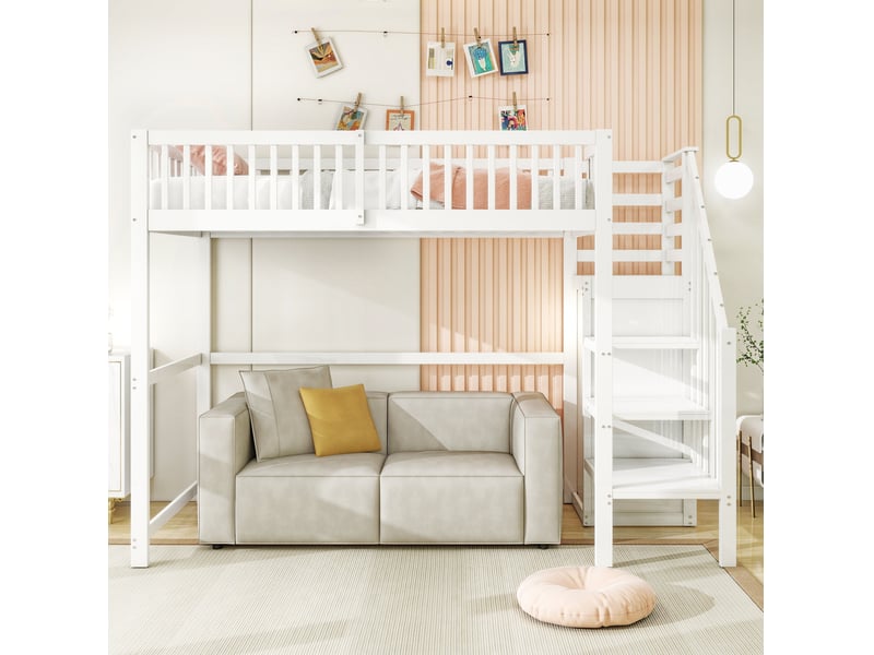  Lit mezzanine enfant 90x200 cm avec échelle, rangement et armoire, blanc  - Conforama E