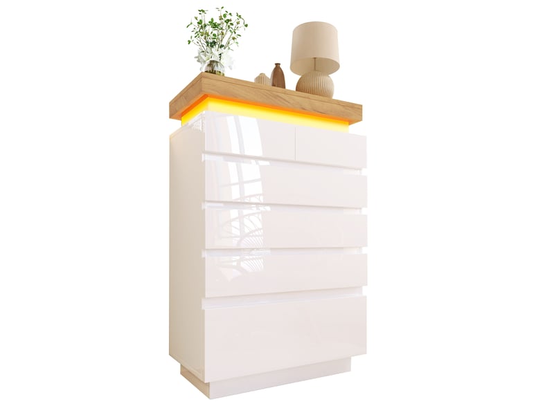  Commode 6 tiroirs 73x39x115 cm avec éclairage led, meuble de rangement finition brillante en mdf et panneaux de particules - blanc  - Conforama A