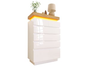Commode 6 tiroirs 73x39x115 cm avec éclairage led, meuble de rangement finition brillante en mdf et panneaux de particules - blanc
